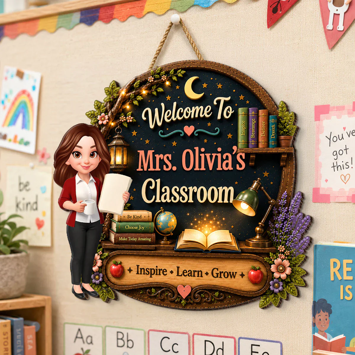 Personalized Wooden Sign with Cute Teacher Illustration, Inspire Learn Grow, Unique Creative Gift for Teacher - Image 3