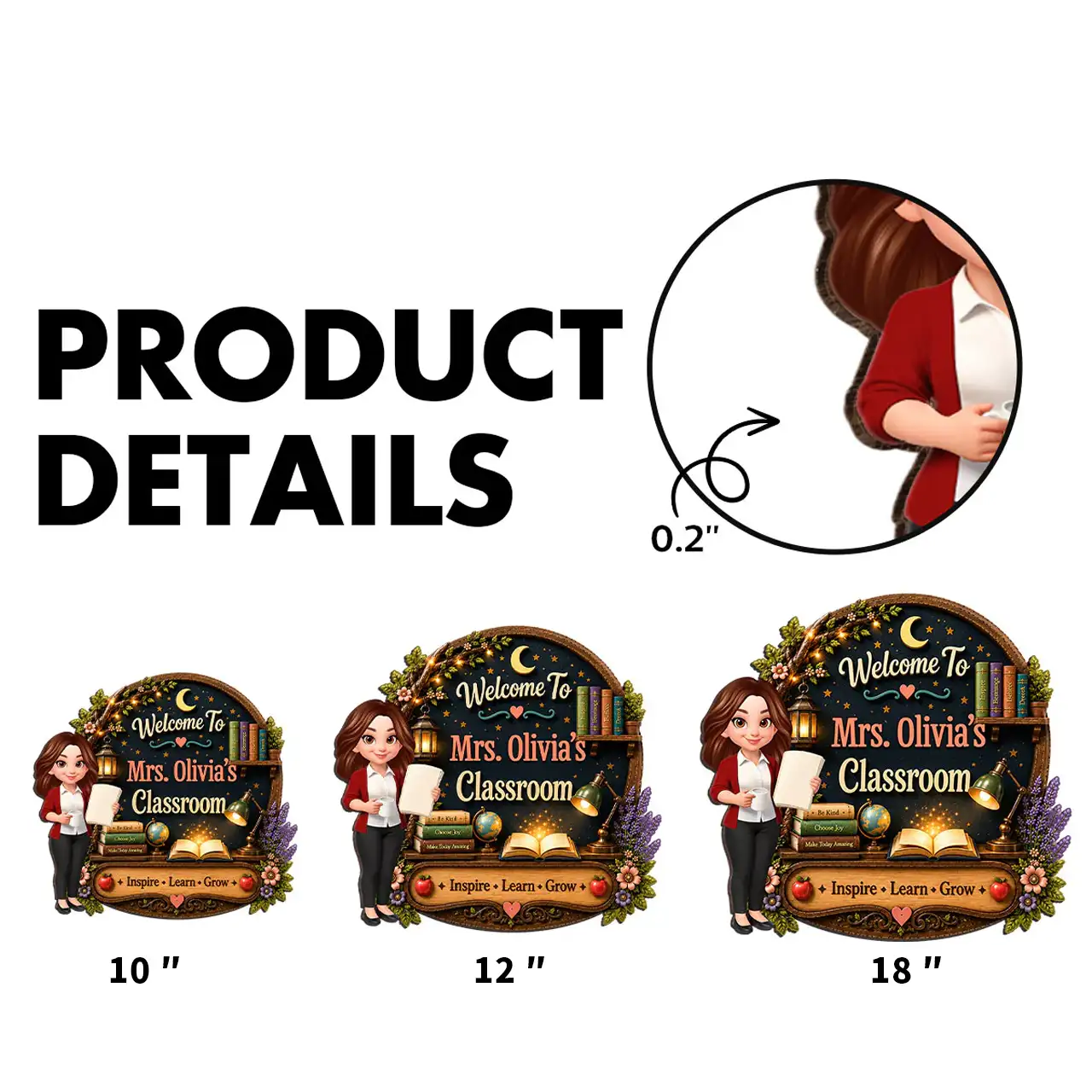 Personalized Wooden Sign with Cute Teacher Illustration, Inspire Learn Grow, Unique Creative Gift for Teacher - Image 4