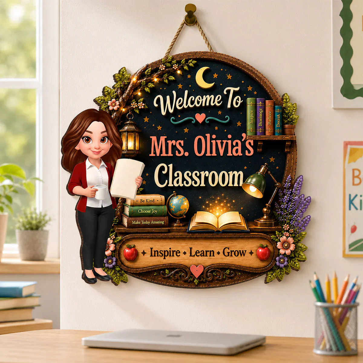 Personalized Wooden Sign with Cute Teacher Illustration, Inspire Learn Grow, Unique Creative Gift for Teacher - Image 5