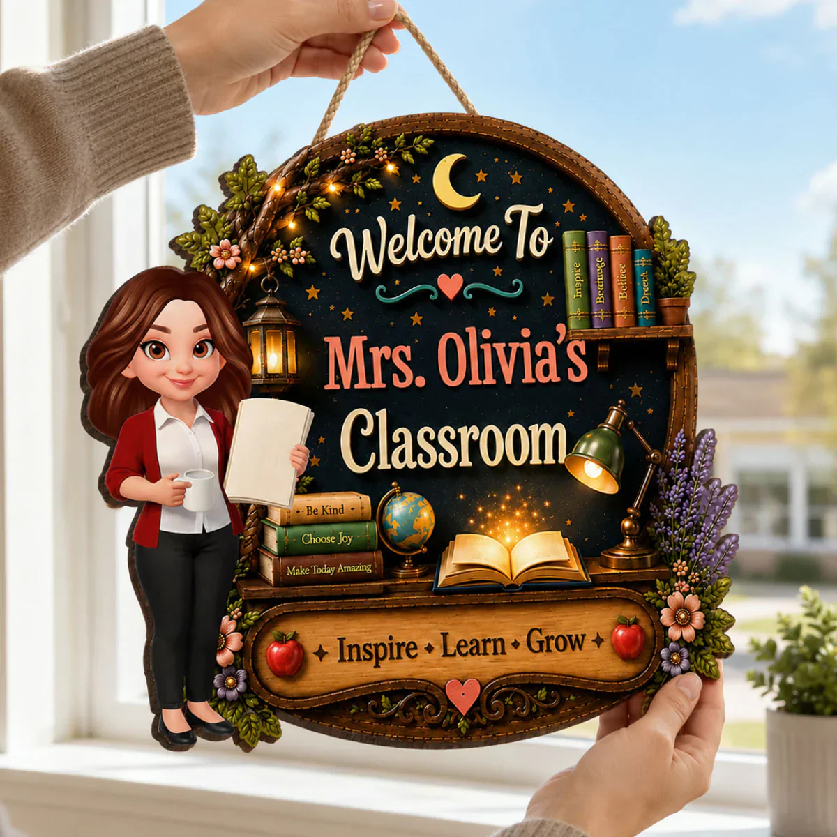 Personalized Wooden Sign with Cute Teacher Illustration, Inspire Learn Grow, Unique Creative Gift for Teacher - Image 6