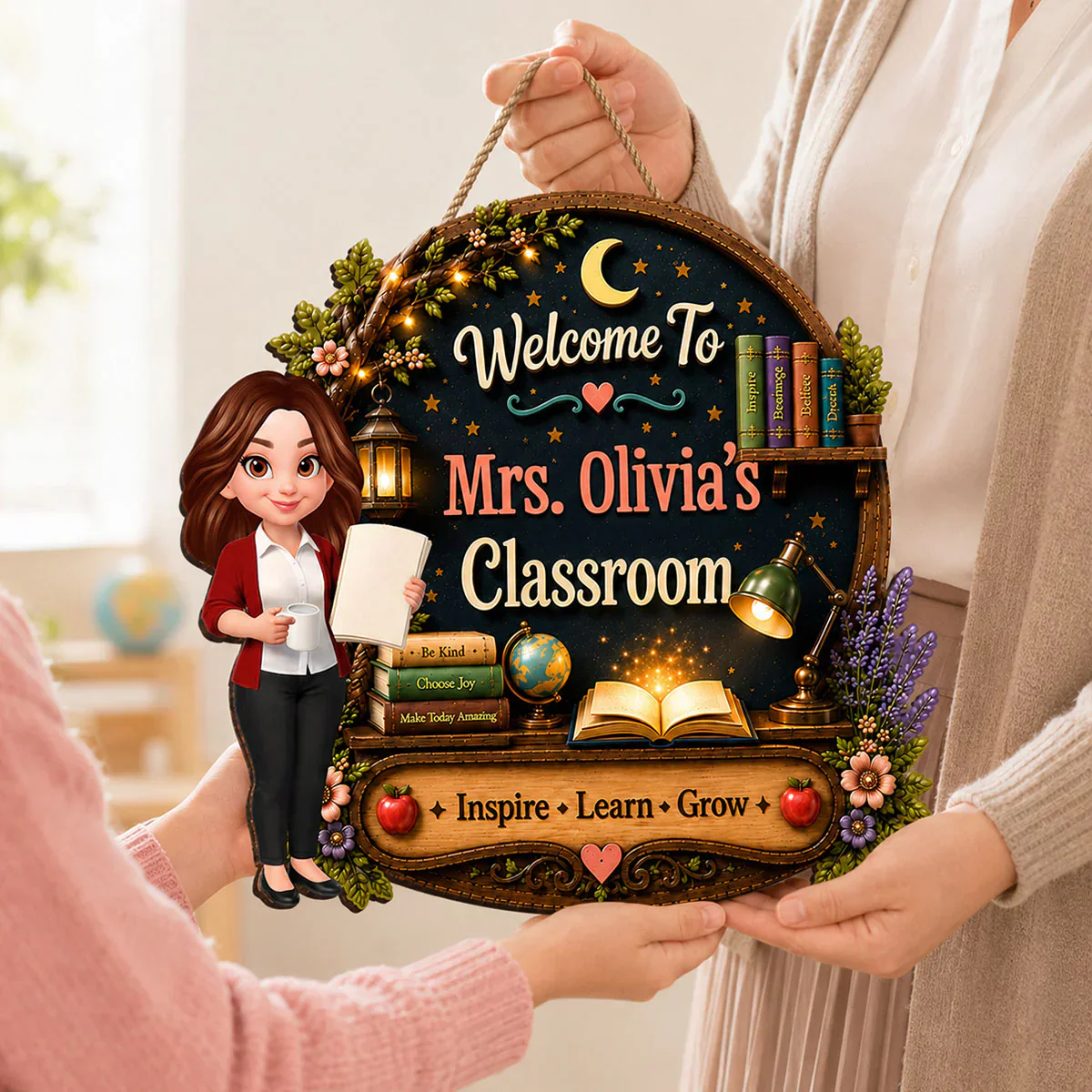 Personalized Wooden Sign with Cute Teacher Illustration, Inspire Learn Grow, Unique Creative Gift for Teacher - Image 7
