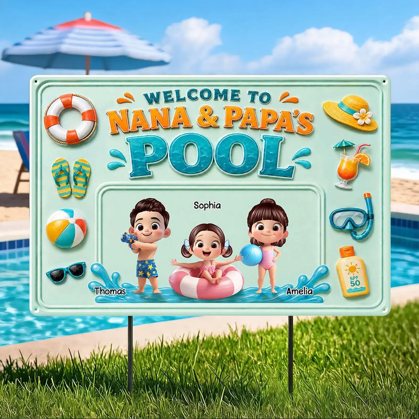 Personalized Rectangular Iron Sign, Nana & Papa's Poolside Kids, Unique Gift for Grandparents