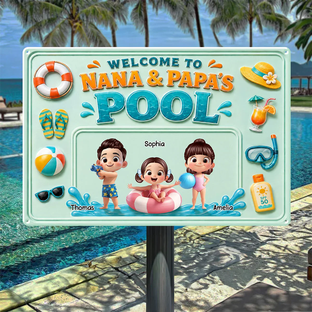 Personalized Rectangular Iron Sign, Nana & Papa's Poolside Kids, Unique Gift for Grandparents - Image 2