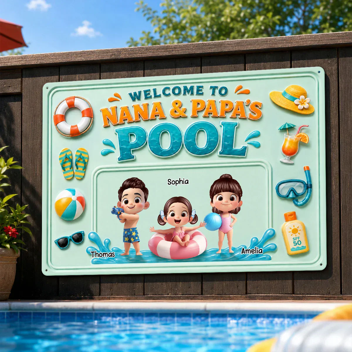 Personalized Rectangular Iron Sign, Nana & Papa's Poolside Kids, Unique Gift for Grandparents - Image 3