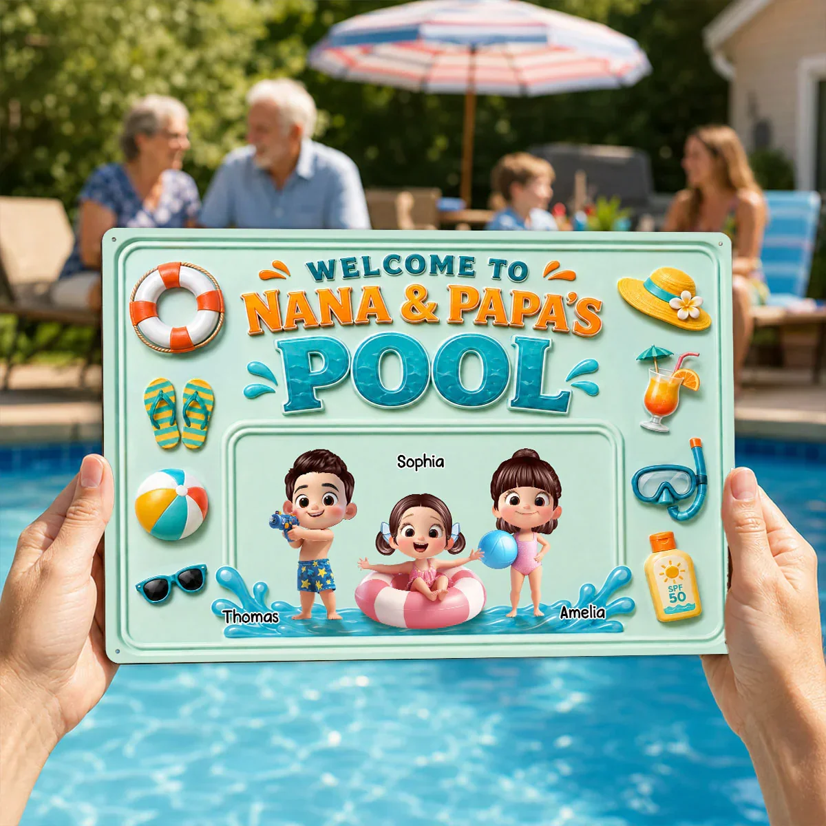 Personalized Rectangular Iron Sign, Nana & Papa's Poolside Kids, Unique Gift for Grandparents - Image 7