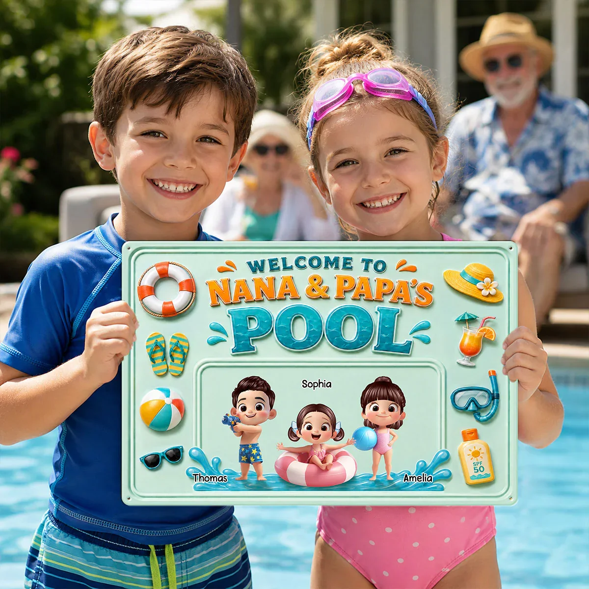 Personalized Rectangular Iron Sign, Nana & Papa's Poolside Kids, Unique Gift for Grandparents - Image 8
