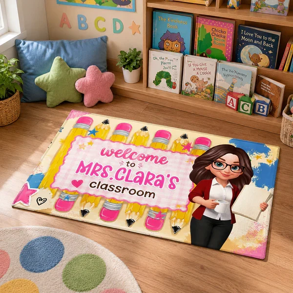 Personalized Standard Doormat With Pastel Pencils & Cartoon Teacher, Creative Gift For Classroom Entry - Image 3