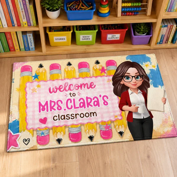 Personalized Standard Doormat With Pastel Pencils & Cartoon Teacher, Creative Gift For Classroom Entry - Image 4