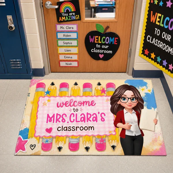 Personalized Standard Doormat With Pastel Pencils & Cartoon Teacher, Creative Gift For Classroom Entry - Image 5