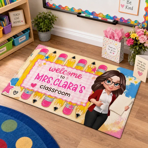 Personalized Standard Doormat With Pastel Pencils & Cartoon Teacher, Creative Gift For Classroom Entry - Image 6