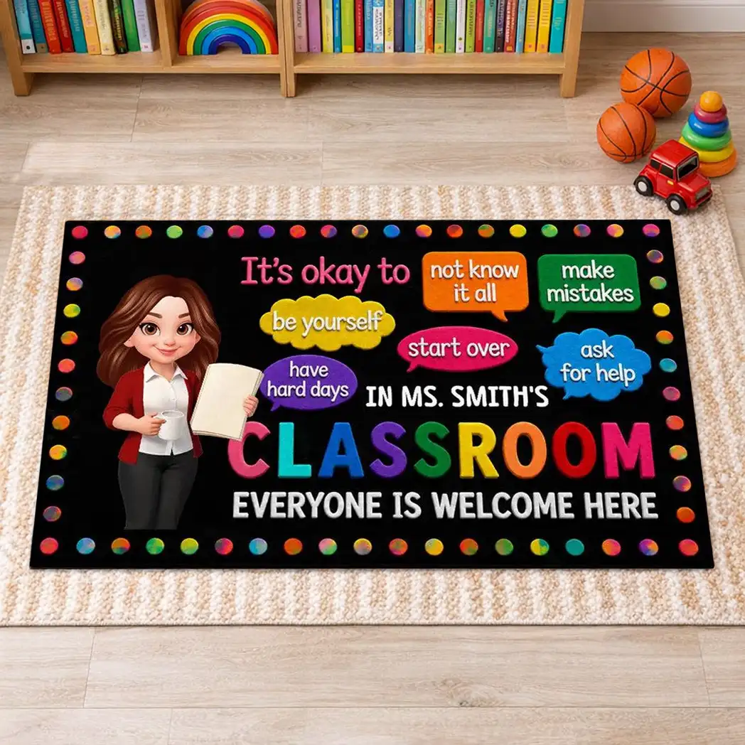 Personalized Standard Doormat, Cartoon Teacher Holding Book, Classroom Decor, Unique Creative Gift for Teacher