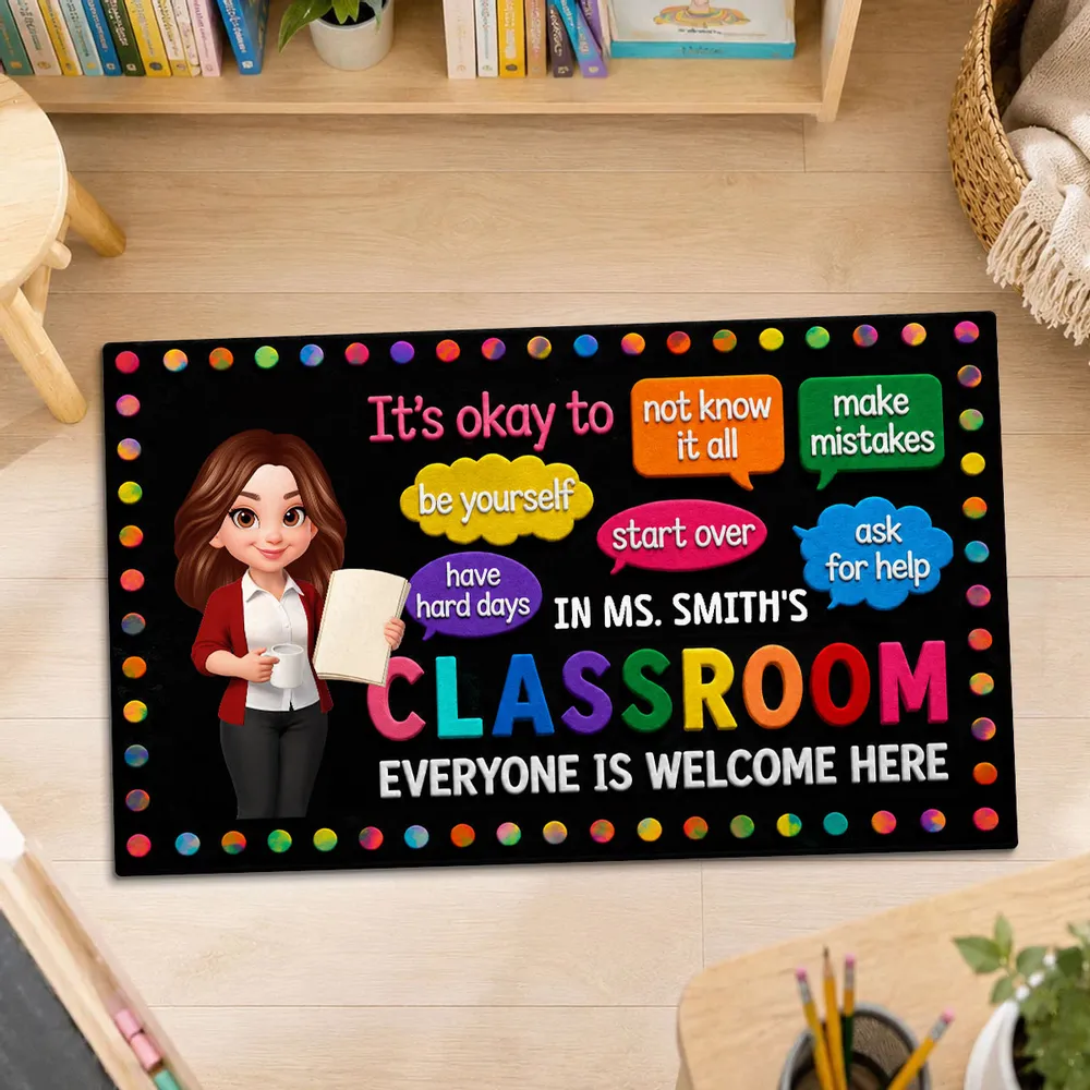 Personalized Standard Doormat, Cartoon Teacher Holding Book, Classroom Decor, Unique Creative Gift for Teacher - Image 2