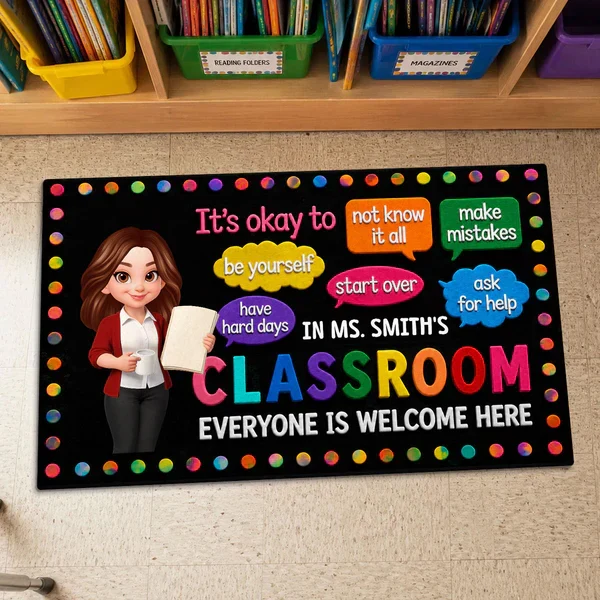 Personalized Standard Doormat, Cartoon Teacher Holding Book, Classroom Decor, Unique Creative Gift for Teacher - Image 3