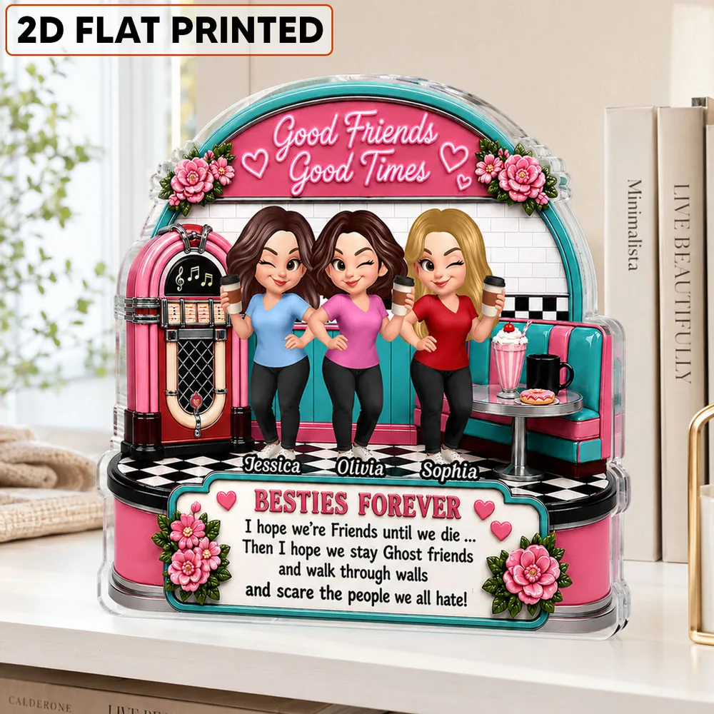 Personalized Shaped Acrylic Block Plaque, Winking Friends in Retro Diner, Unique Gift for Close Friend - Image 3