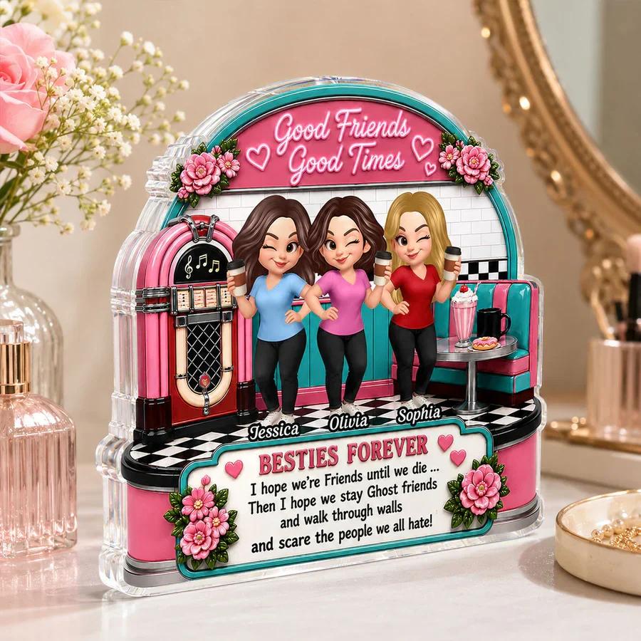 Personalized Shaped Acrylic Block Plaque, Winking Friends in Retro Diner, Unique Gift for Close Friend - Image 5