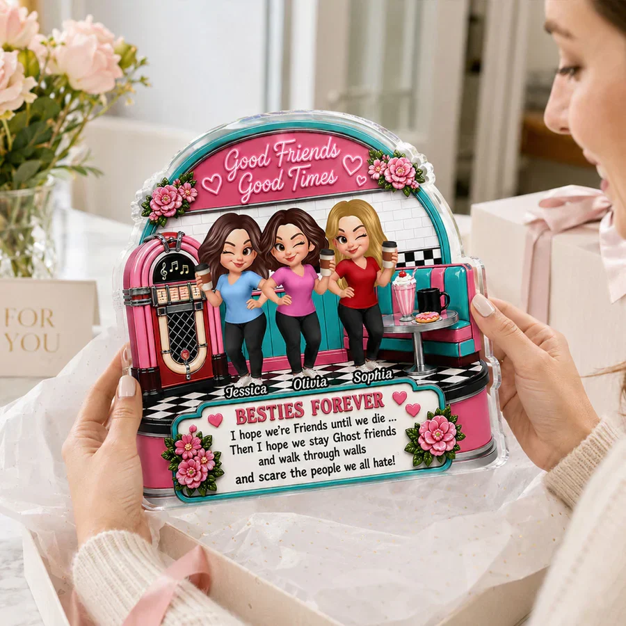 Personalized Shaped Acrylic Block Plaque, Winking Friends in Retro Diner, Unique Gift for Close Friend - Image 7