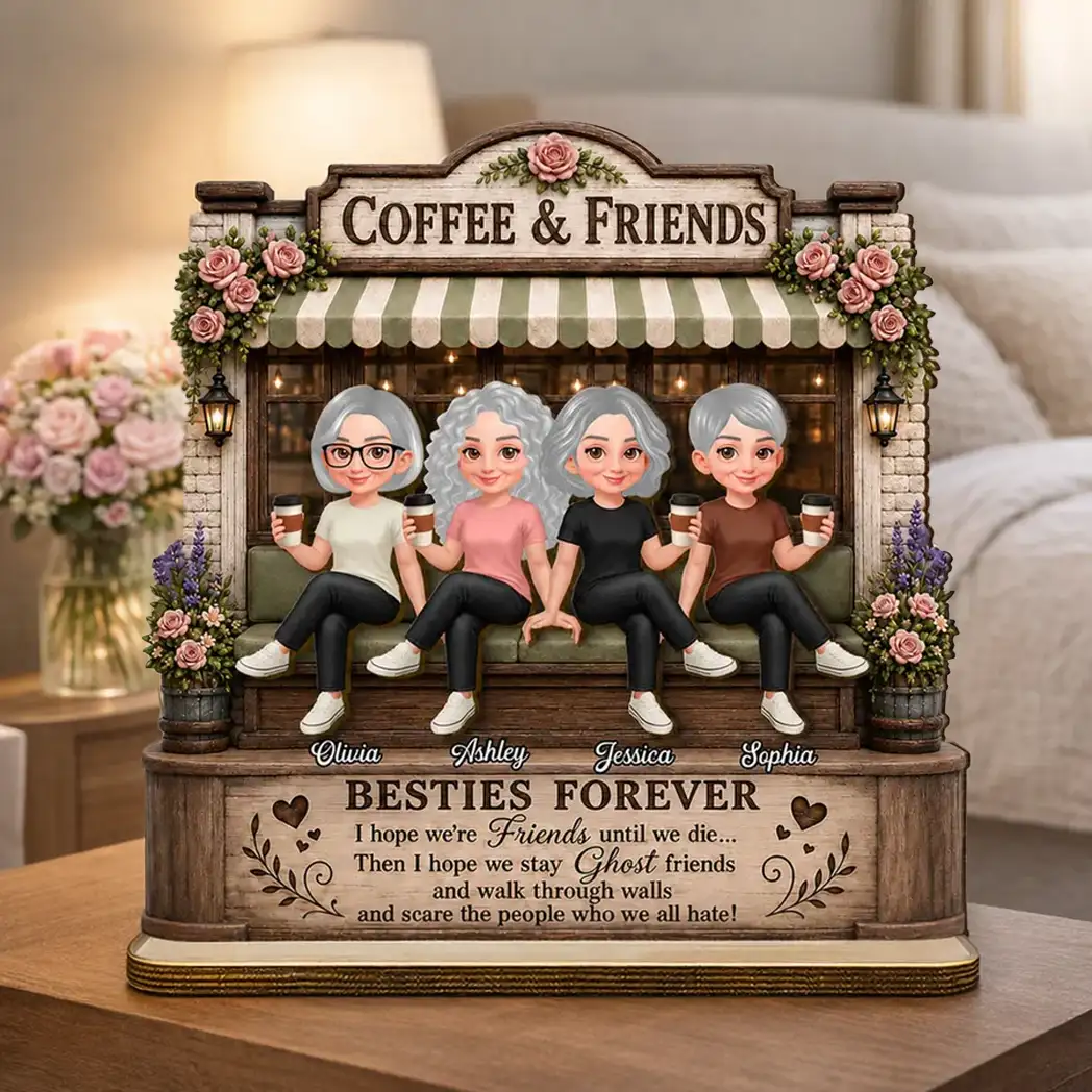 Personalized 2-Layer Wooden Plaque, Seated Friends with Coffee, Unique Gift for Besties