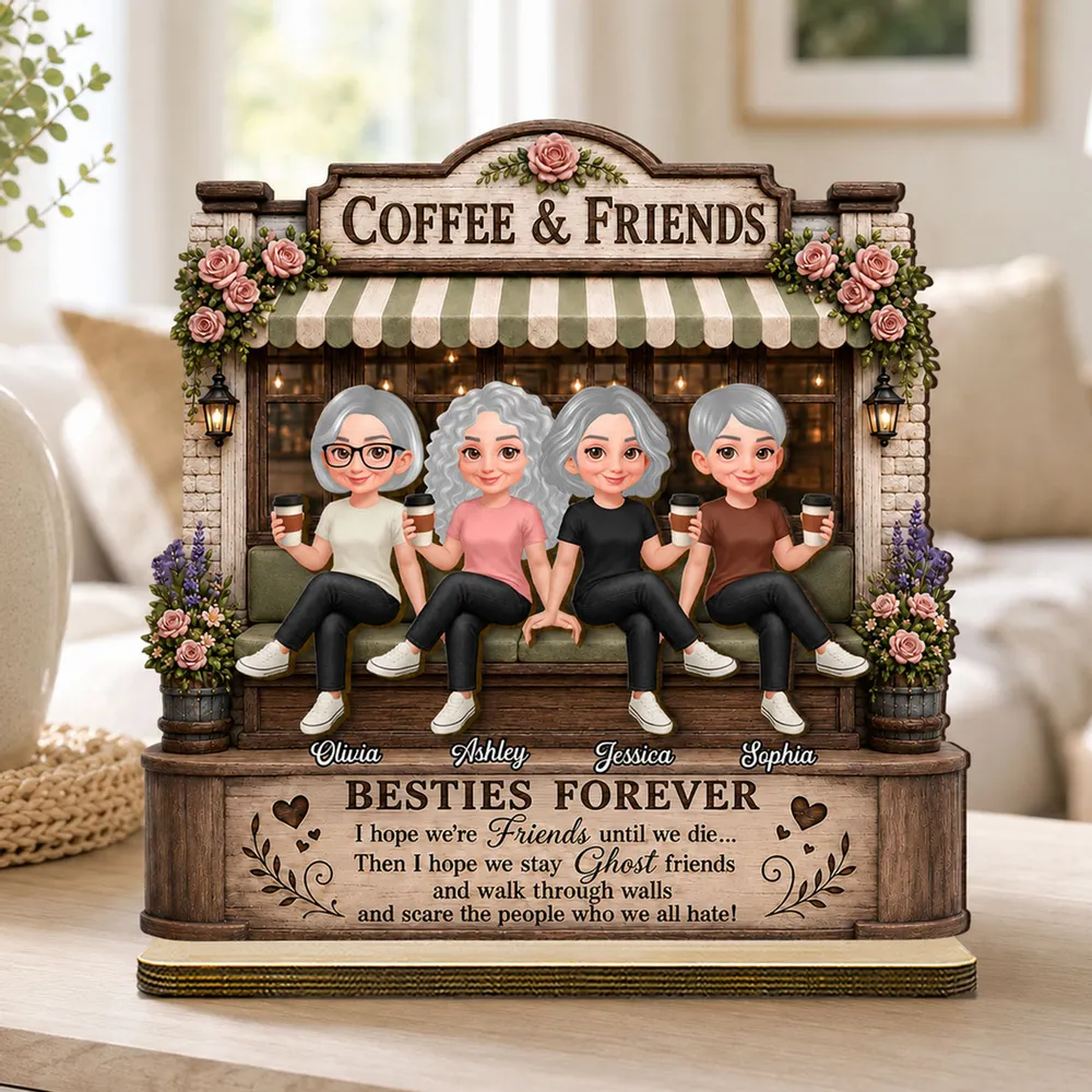 Personalized 2-Layer Wooden Plaque, Seated Friends with Coffee, Unique Gift for Besties - Image 2