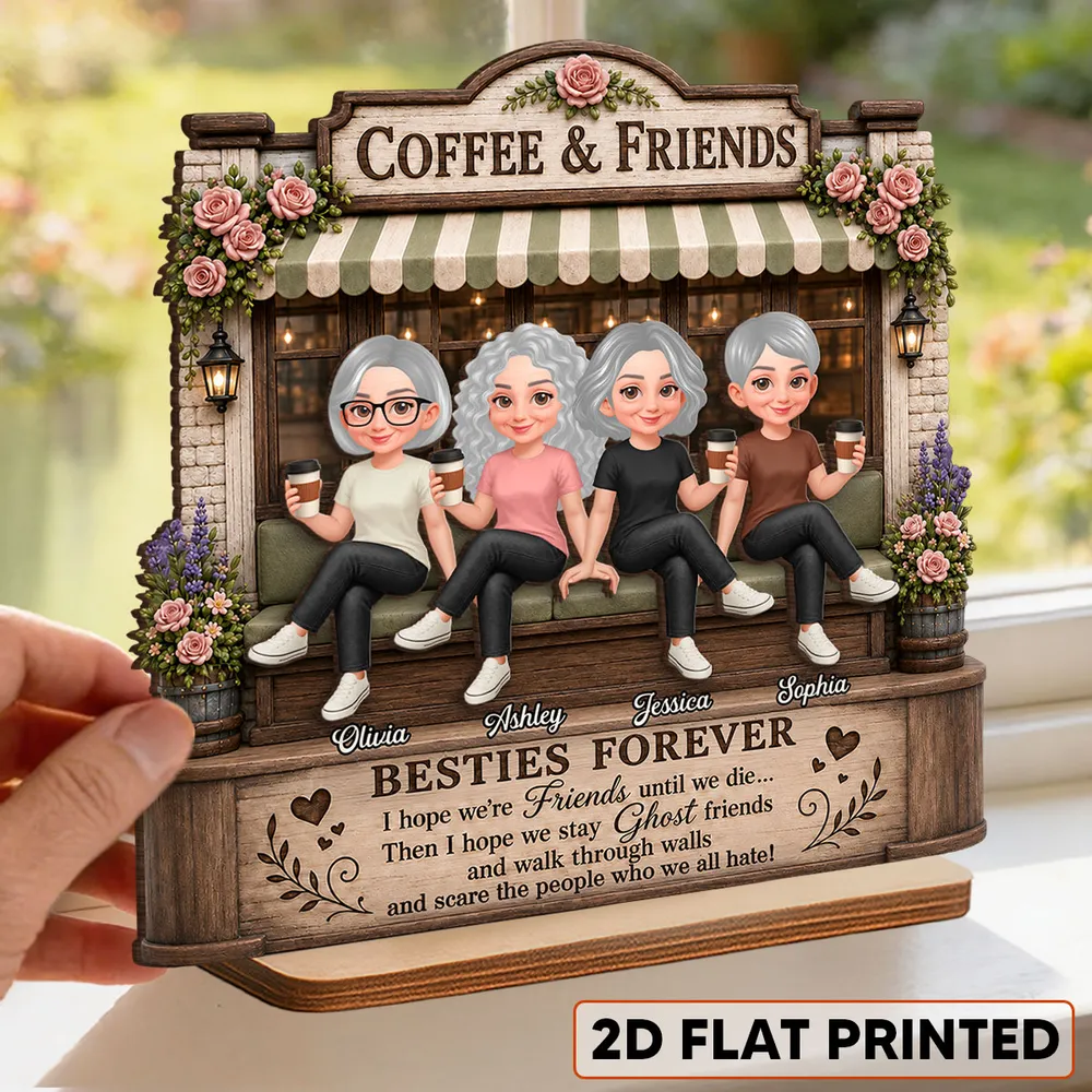 Personalized 2-Layer Wooden Plaque, Seated Friends with Coffee, Unique Gift for Besties - Image 3