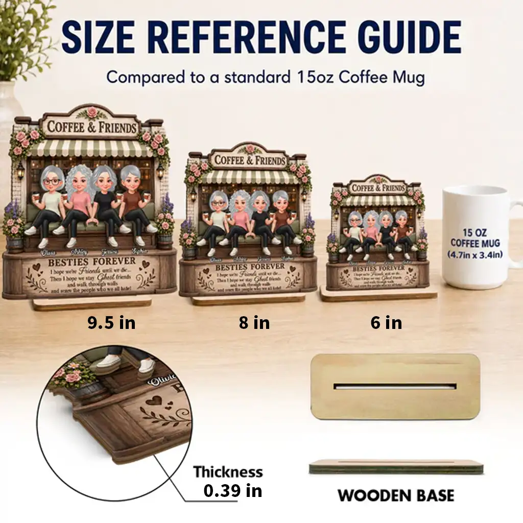 Personalized 2-Layer Wooden Plaque, Seated Friends with Coffee, Unique Gift for Besties - Image 4