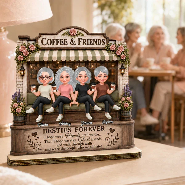 Personalized 2-Layer Wooden Plaque, Seated Friends with Coffee, Unique Gift for Besties - Image 5