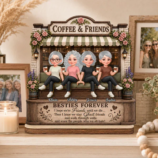 Personalized 2-Layer Wooden Plaque, Seated Friends with Coffee, Unique Gift for Besties - Image 6