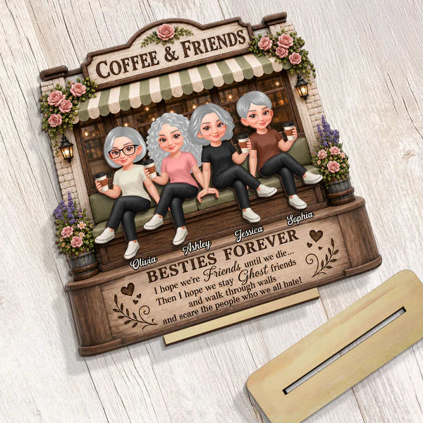 Personalized 2-Layer Wooden Plaque, Seated Friends with Coffee, Unique Gift for Besties - Image 7