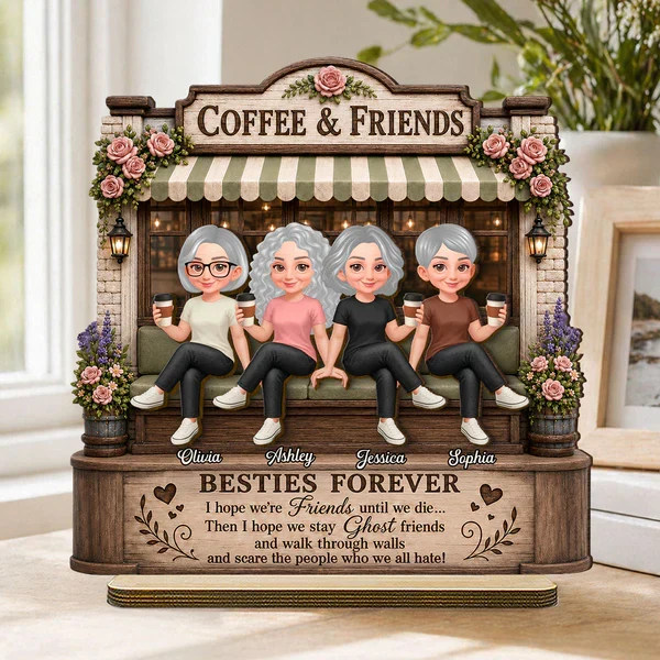 Personalized 2-Layer Wooden Plaque, Seated Friends with Coffee, Unique Gift for Besties - Image 8