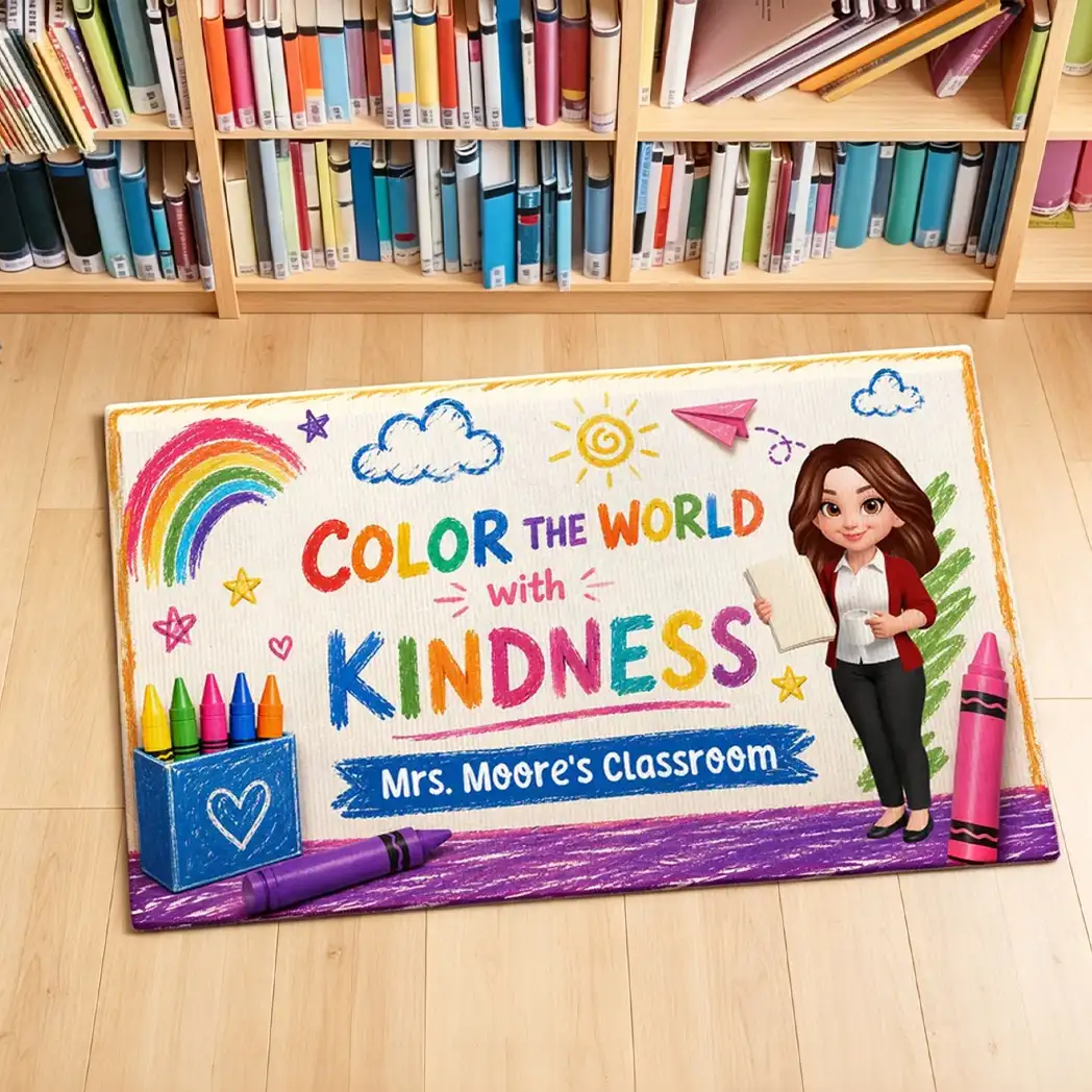 Personalized Standard Doormat With Standing Teacher & Kindness Quote, Unique Back To School Gift