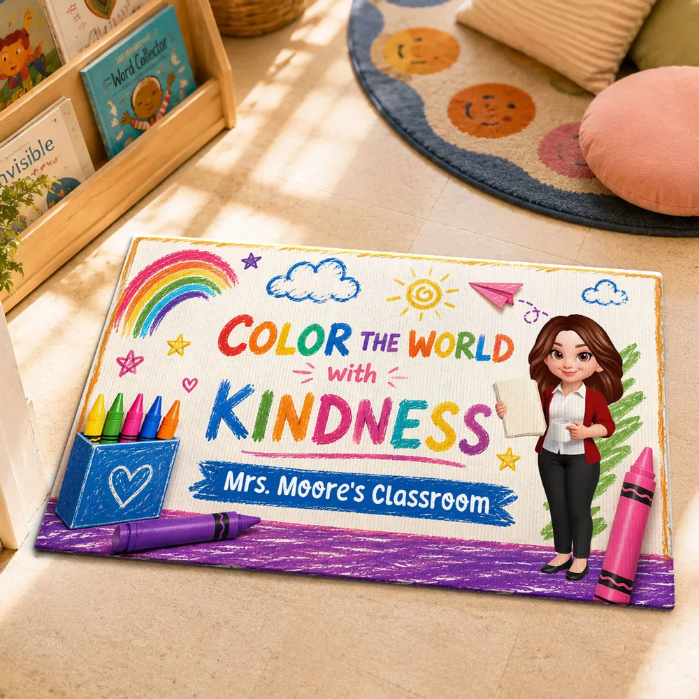 Personalized Standard Doormat With Standing Teacher & Kindness Quote, Unique Back To School Gift - Image 2