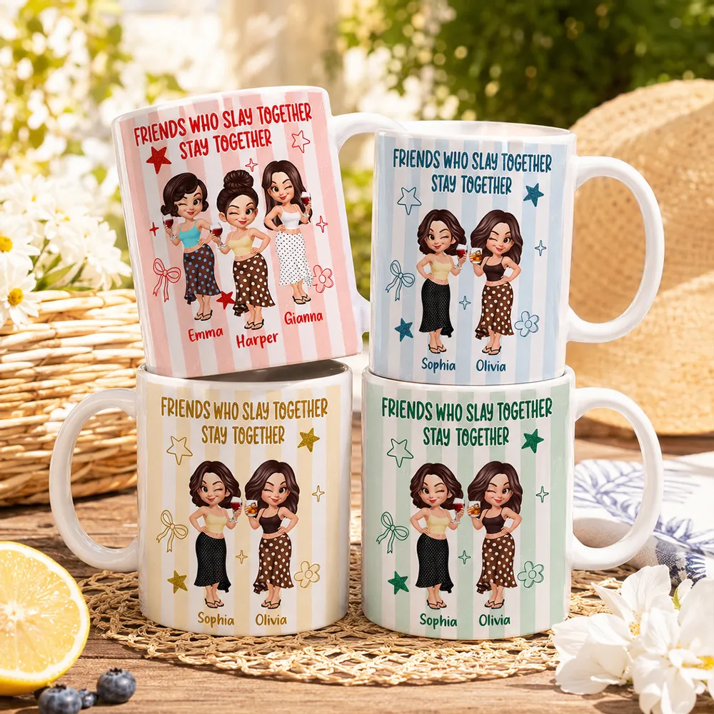 Personalized White Ceramic Mug, Pastel Cartoon Best Friends Holding Drinks, Unique Creative Gift - Image 2
