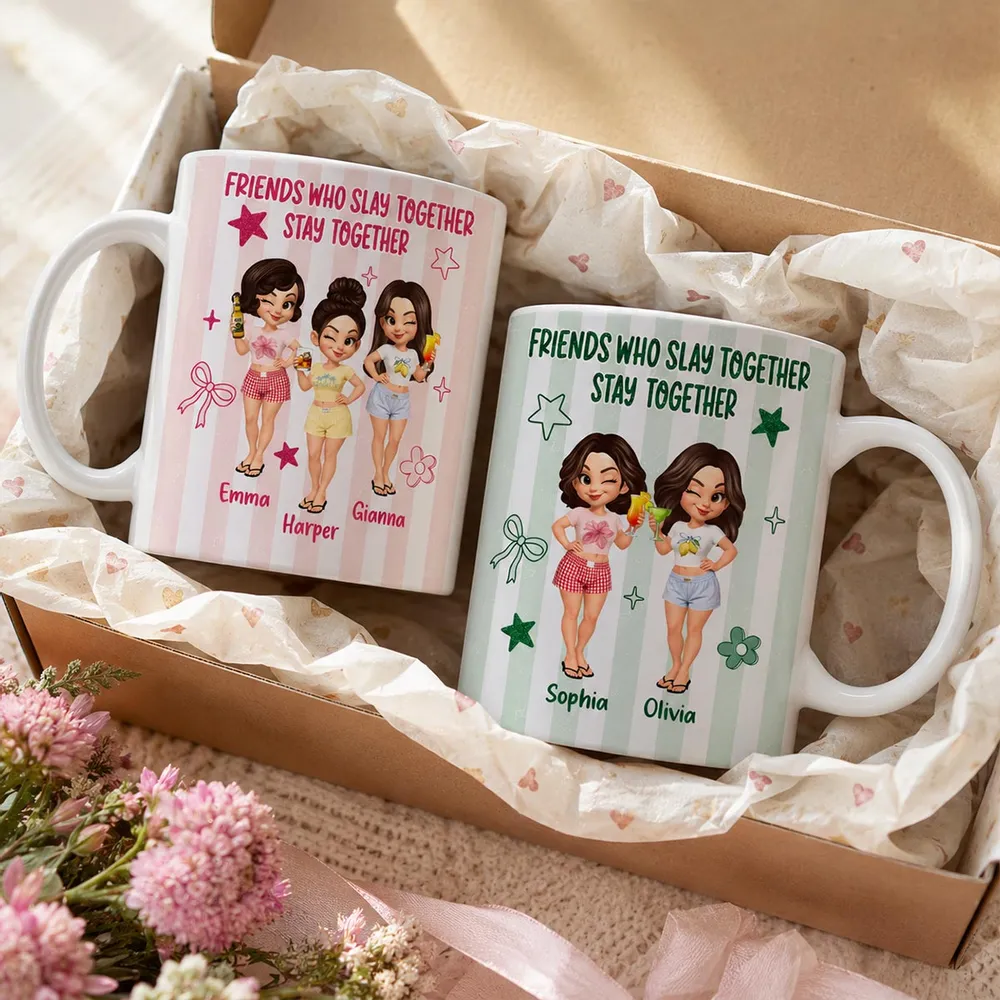 Personalized White Ceramic Mug, Pastel Cartoon Best Friends Holding Drinks, Unique Creative Gift - Image 3