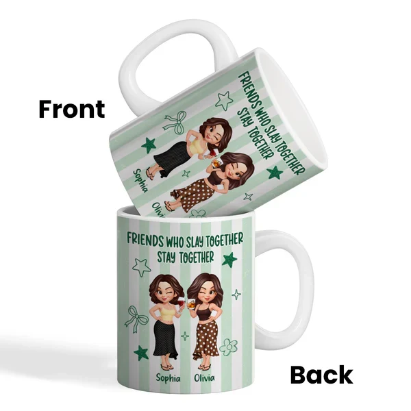 Personalized White Ceramic Mug, Pastel Cartoon Best Friends Holding Drinks, Unique Creative Gift - Image 4