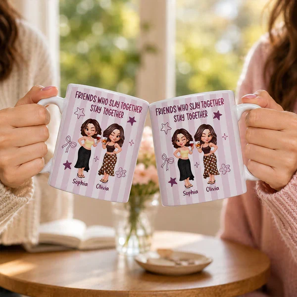 Personalized White Ceramic Mug, Pastel Cartoon Best Friends Holding Drinks, Unique Creative Gift - Image 5