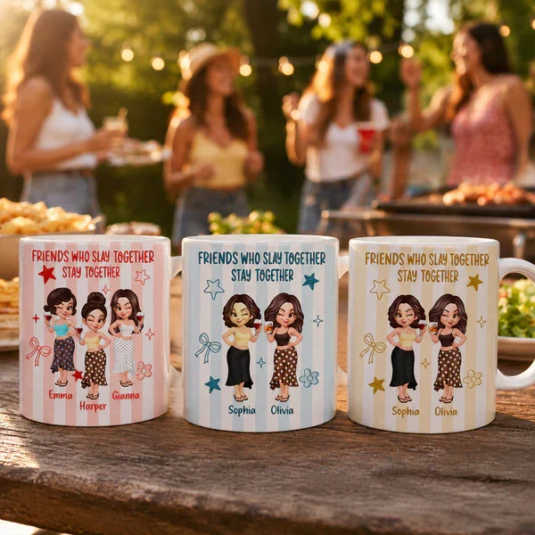 Personalized White Ceramic Mug, Pastel Cartoon Best Friends Holding Drinks, Unique Creative Gift - Image 6