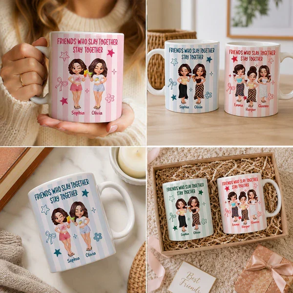 Personalized White Ceramic Mug, Pastel Cartoon Best Friends Holding Drinks, Unique Creative Gift - Image 7