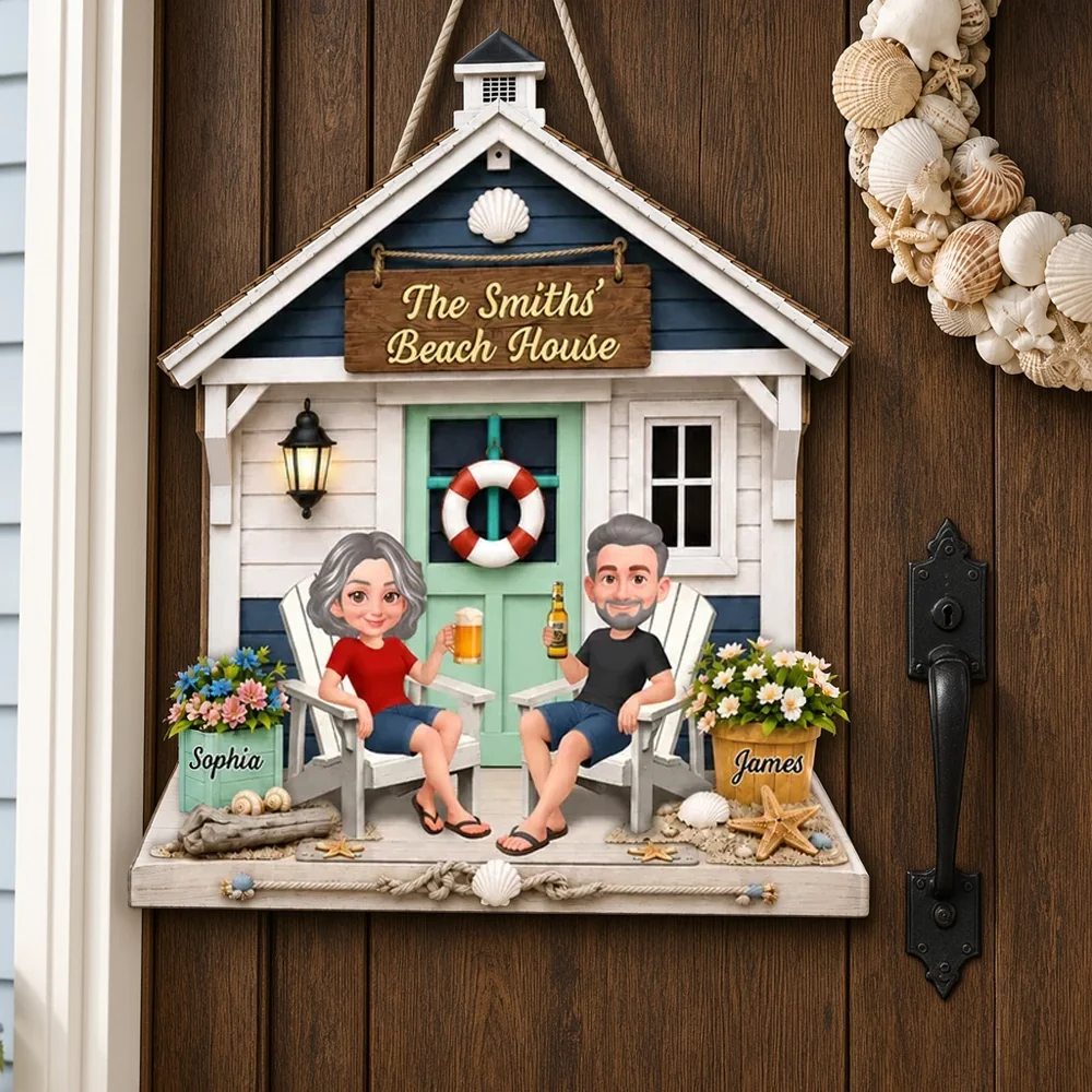 Personalized Wooden Sign with Sitting Beach House Couple, Coastal Decor, Unique Gift for Couples