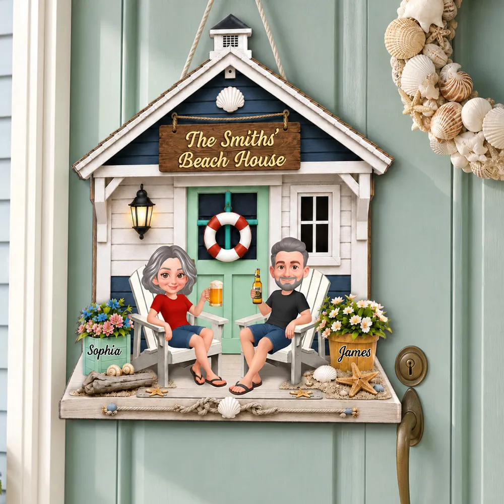 Personalized Wooden Sign with Sitting Beach House Couple, Coastal Decor, Unique Gift for Couples - Image 2