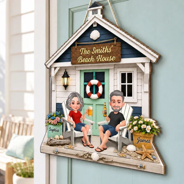 Personalized Wooden Sign with Sitting Beach House Couple, Coastal Decor, Unique Gift for Couples - Image 4