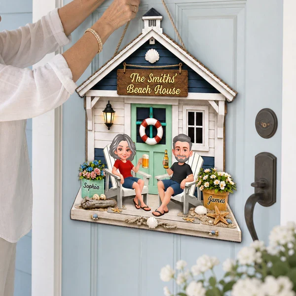 Personalized Wooden Sign with Sitting Beach House Couple, Coastal Decor, Unique Gift for Couples - Image 5