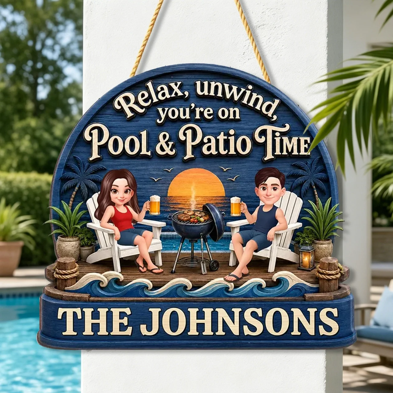 Personalized Wooden Sign, Couple Relaxing by Pool & Patio, Unique Gift for Outdoor Decor