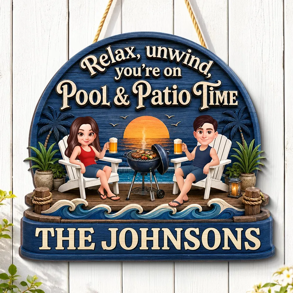 Personalized Wooden Sign, Couple Relaxing by Pool & Patio, Unique Gift for Outdoor Decor - Image 2