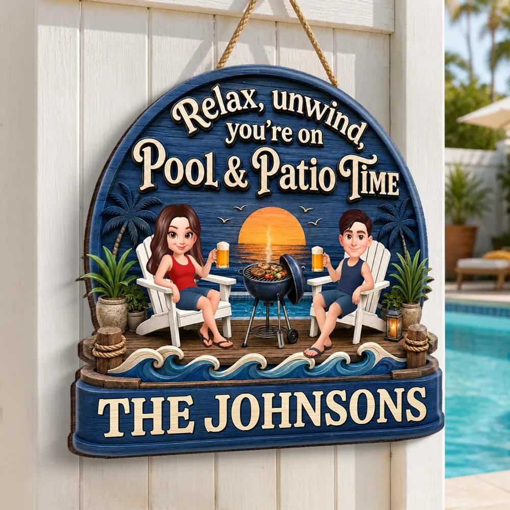 Personalized Wooden Sign, Couple Relaxing by Pool & Patio, Unique Gift for Outdoor Decor - Image 3