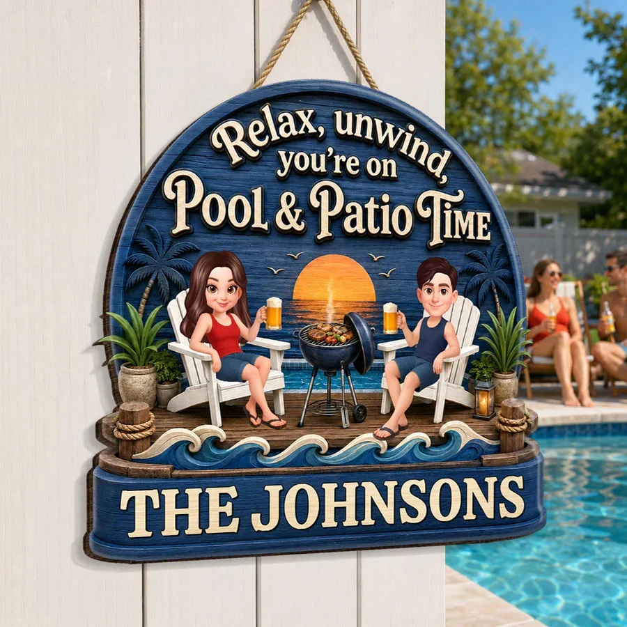 Personalized Wooden Sign, Couple Relaxing by Pool & Patio, Unique Gift for Outdoor Decor - Image 5