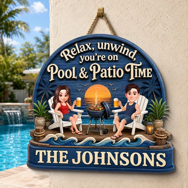 Personalized Wooden Sign, Couple Relaxing by Pool & Patio, Unique Gift for Outdoor Decor - Image 6