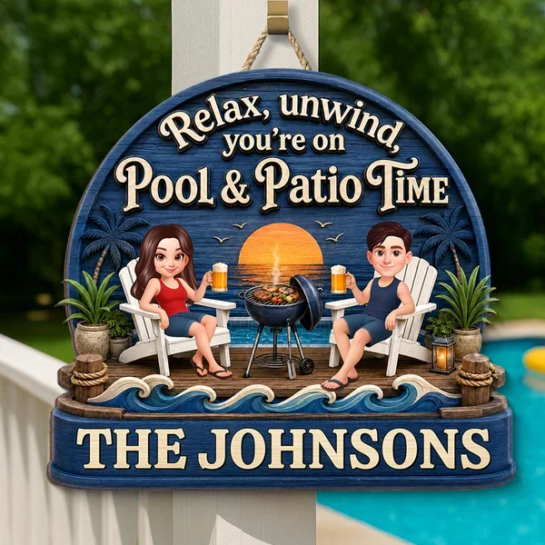 Personalized Wooden Sign, Couple Relaxing by Pool & Patio, Unique Gift for Outdoor Decor - Image 7