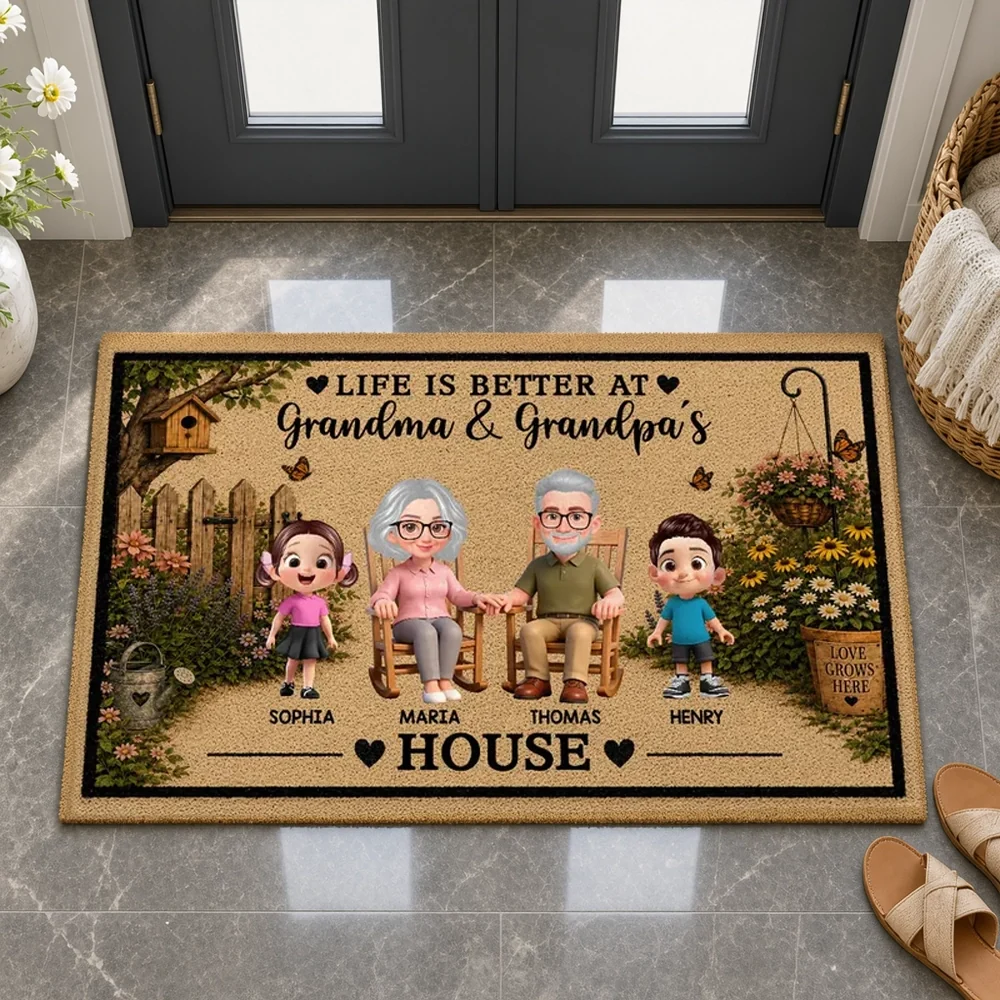 Personalized Standard Doormat With Grandparents & Grandkids Garden Art, Unique Gift For Grandparents