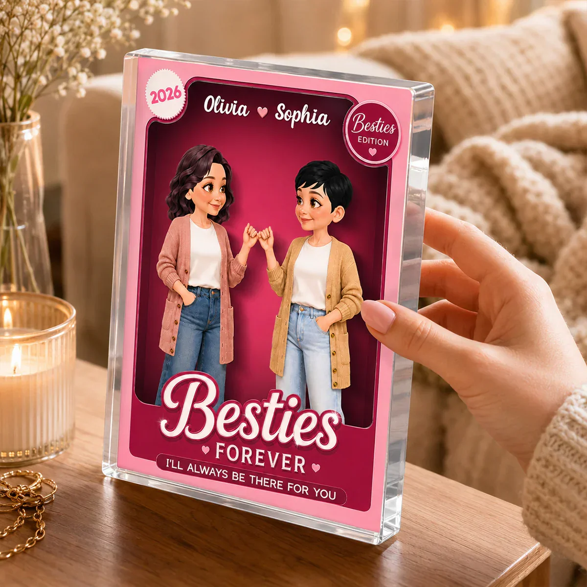 Personalized Rectangle Acrylic Block Plaque, Pink Toy Box Pinky Promise, Unique Gift for Close Friend - Image 2