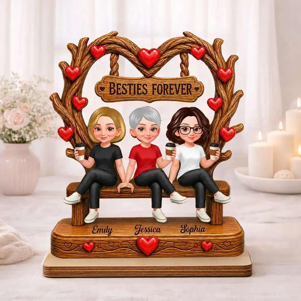Personalized 2-Layer Wooden Plaque, Friends Sitting Under Heart Canopy, Unique Gift for Close Friend