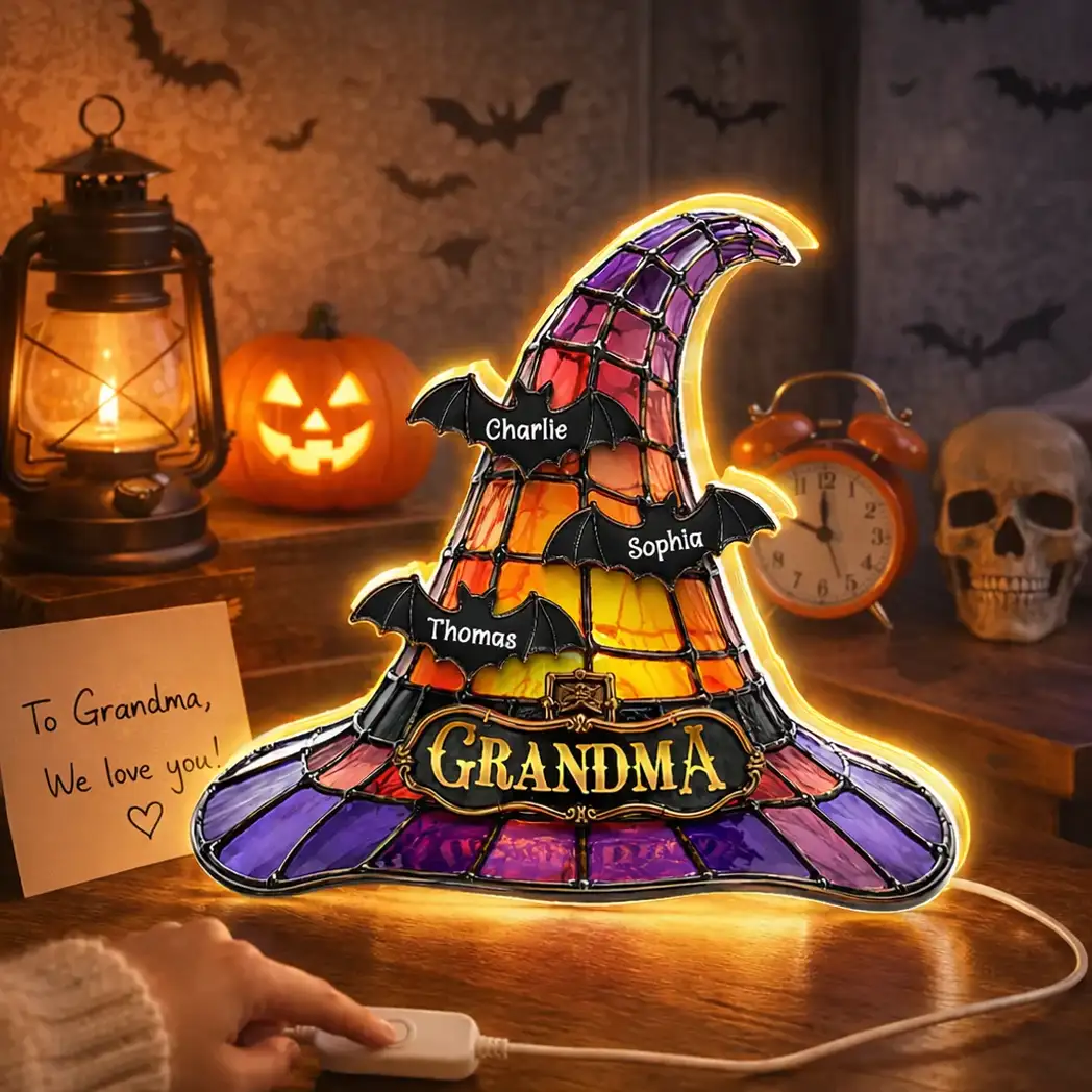 Personalized Acrylic Light Box, Witch Hat Halloween Decor, Unique Gift for Grandma with Warm Glow